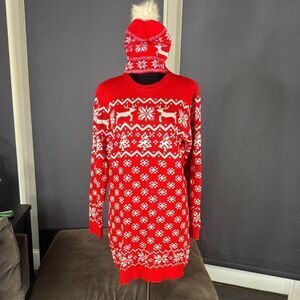 Women’s Christmas Holiday Sweater Dress and Beanie Size L